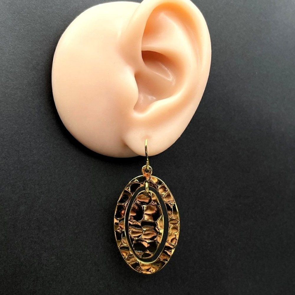 Yellow Gold Hammered Double Oval Shiny Dangling Drop Hook Earrings - Picture 7 of 8